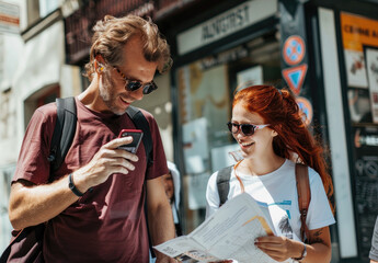 A young couple on vacation, looking at a map and talking to someone over their phone.