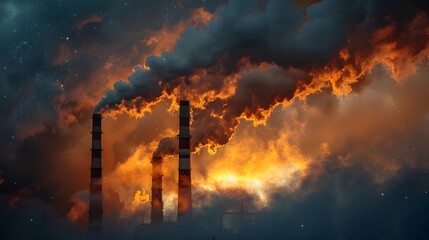 Obraz premium Fiery Smoke Plumes From Industrial Chimneys Encroaching on Cosmic Galaxy Backdrop