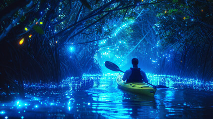 A man is paddling a kayak in a dark forest with glowing lights