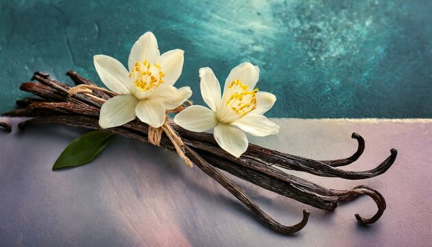 vanilla sticks and flower, close-up photo of vanilla sticks with flowers