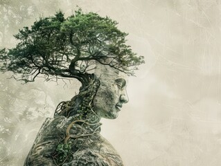 Surreal Stone Sculpture with Tree Growing from Head, Symbolizing Connection Between Nature and Humanity, Abstract Art Concept, Environmental Awareness, and Harmony with Nature