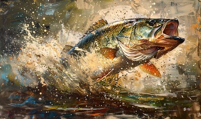 Fototapeta premium a large mouth bass leaping out of the water, capturing the motion and water splash in a high-energy scene.
