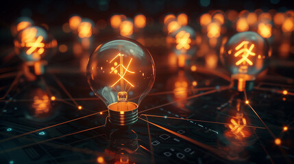 Obraz premium Light Bulb Network, Connected light bulbs illuminate a dark space, representing the power of creativity and innovation in sparking breakthrough ideas for business growth.
