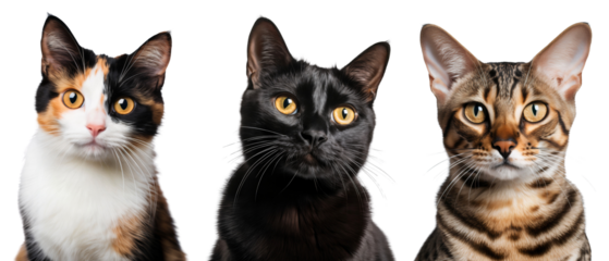 Three funny assorted cats, close up face of pets, isolated on transparent background