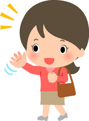 笑顔で手を振る外出中の女性、待ち合わせ