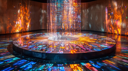 Immersive Mesmerizing podium digital art installation featuring a luminous circular platform bathed in colorful light projections