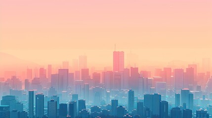 Lo-fi Illustration of Simplified, Pastel-Colored Urban Skylines with Copy Space