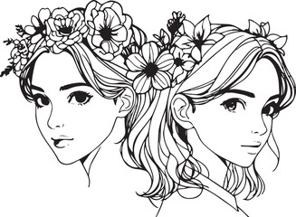 Black and white line drawing of two girls with flower crowns on their heads, isolated