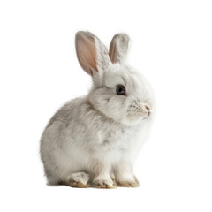 Obraz premium A small white rabbit is sitting on a white background. The rabbit is looking at the camera with a curious expression
