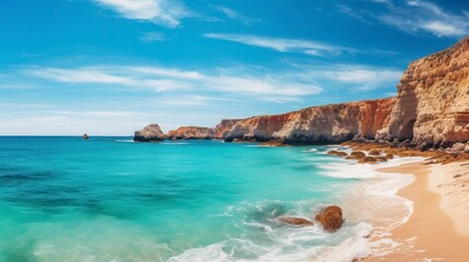 Fototapeta premium Stunning coastal view of turquoise waters and rocky cliffs under a bright blue sky, perfect for serene getaways and seaside adventures.