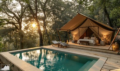 Gaze from luxury glamping tent to private pool on terrace, nestled in oak woods during golden hour