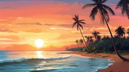 Beautiful tropical beach sunset with palm trees, calm waves, and colorful sky creates a tranquil and scenic beachscape perfect for relaxation.