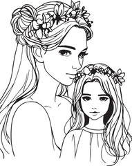 Digital drawing of a woman and a girl, both adorned with flower crowns, and the girl is also wearing a flower braid.