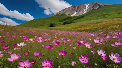Obraz premium a cosmos field on the top of a mountain