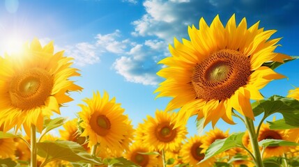 Fototapeta premium Vibrant field of sunflowers under a bright blue sky with fluffy clouds, illuminated by the warm sun, capturing the essence of summer beauty and nature.