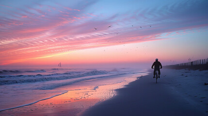 A man is riding a bicycle on a beach at sunset