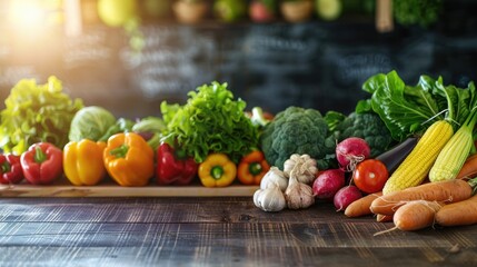 The photo shows a variety of fresh vegetables on a wooden table. There are red, yellow, and orange bell peppers, broccoli, cauliflower, lettuce, carrots, radishes, and garlic. The vegetables are all - Powered by Adobe