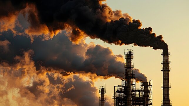 Thick Billowing Smoke Clouds From Industrial Plant Smokestack Against Bright Sky