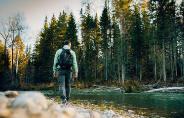 Fototapeta premium man walking in the woods