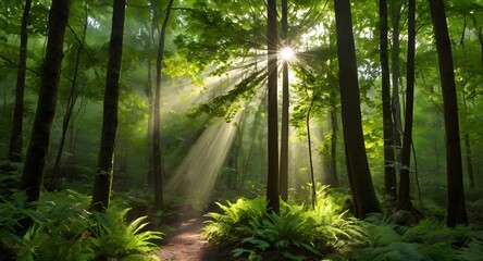 Fototapeta premium sun rays in the green forest