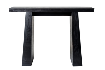 Isolated on white background, a sleek black console table with a minimalist design and narrow profile, ideal for entryways or hallways