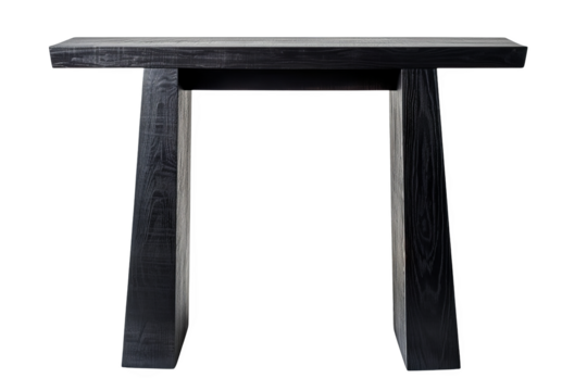 Isolated on white background, a sleek black console table with a minimalist design and narrow profile, ideal for entryways or hallways