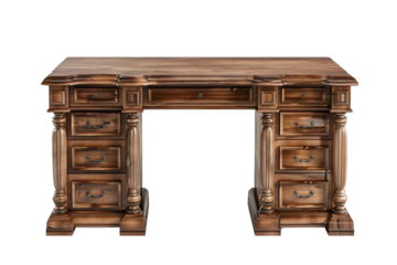 Isolated on white background, a classic writing desk with drawers and a spacious top, perfect for home offices or study areas