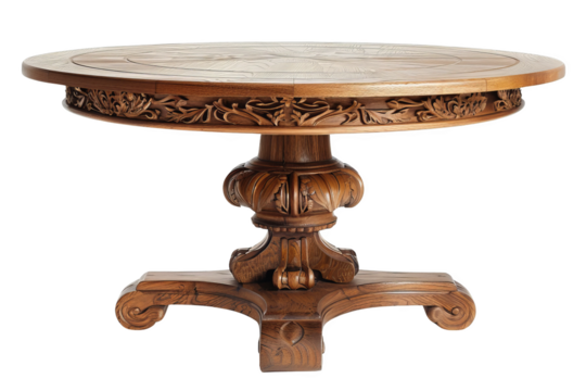 A classic oak pedestal table with a round top and intricately carved base, isolated on white background, perfect for traditional dining rooms or kitchens