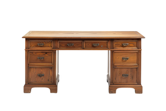 Isolated on white background, a classic writing desk with drawers and a spacious top, perfect for home offices or study areas