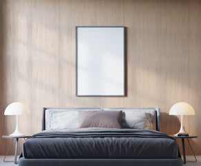modern bedroom with blank poster frame mockup. 3d rendering