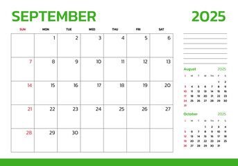 September 2025 Calendar. Week start on Sunday. Desk calendar 2025 design, simple and clean design, Wall calendar for print, digital calendar, Corporate design planner template vector.