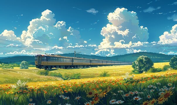 Train journey vista: Fields and meadows glide by, a tranquil escape from city life.