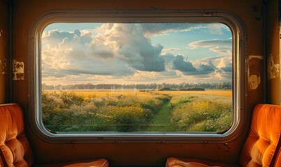 Traveling by train: Urban landscape transforms into countryside, framed by the window's edge