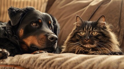 Rottweiler and Norwegian Forest cat lounging side by side on a plush sofa, their peaceful demeanor a testament to their deep bond