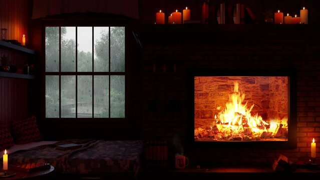 cozy rainy cabin living room ambience with fireplace and forest view, cozy bedroom with a fireplace and rainfall outside the window
