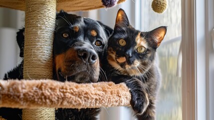 Rottweiler and Ragdoll cat exploring a carpeted cat tree together, their curiosity piqued by dangling toys