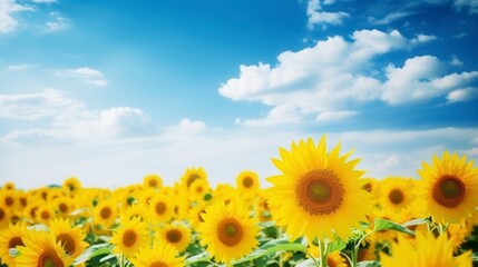 Obraz premium Bright sunflower field under a blue sky with white clouds, showcasing the beauty of nature and the vibrant colors of summer.