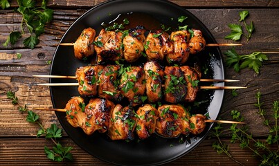 Top view of mouthwatering chicken kebab skewers on black plate, rustic wooden table, room for text