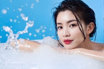 Naklejka premium A woman is in a bathtub with water splashing around her