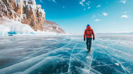 A person in a red jacket walks on a frozen lake with stunning clear ice, surrounded by snowy cliffs...