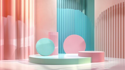 
3d abstract minimalist geometric shapes. Luxury podium display for fashion show Stage, pedestal, shop window with colorful theme
