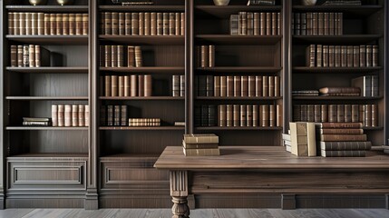 Wooden table and collection of different books on shelves in home library : Generative AI