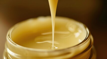 Thick coconut oil is poured into a glass jar.