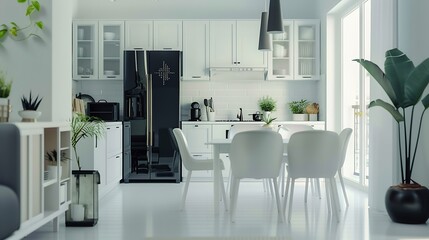 Modern kitchen interior with white furniture appliances decor and black refrigerator Bright and spacious Dining room Luxury apartment design project : Generative AI