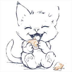 Black and White Cartoon Illustration of Cute Cat Animal