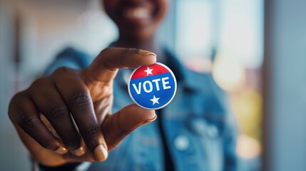 Woman, vote sticker and smile for election, positive and politics for America, government. Badge, voter choice and support for party, registration or hand for voting register US