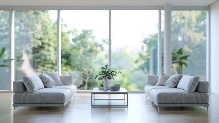 Blurred interior of light living room with grey sofas coffee table and big window : Generative AI