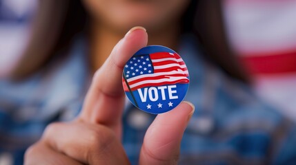 Woman, vote sticker and smile for election, positive and politics for America, government. Badge, voter choice and support for party, registration or hand for voting register US