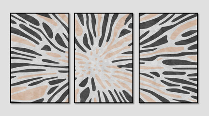 Set of three creative abstract hand drawn retro line texture art paintings, modern paintings, illustrations, posters, covers