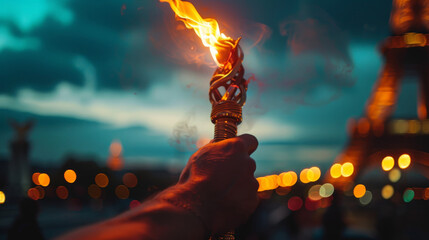 Close-up of a man with a burning gold stylish modern torch in his hands against the background of...